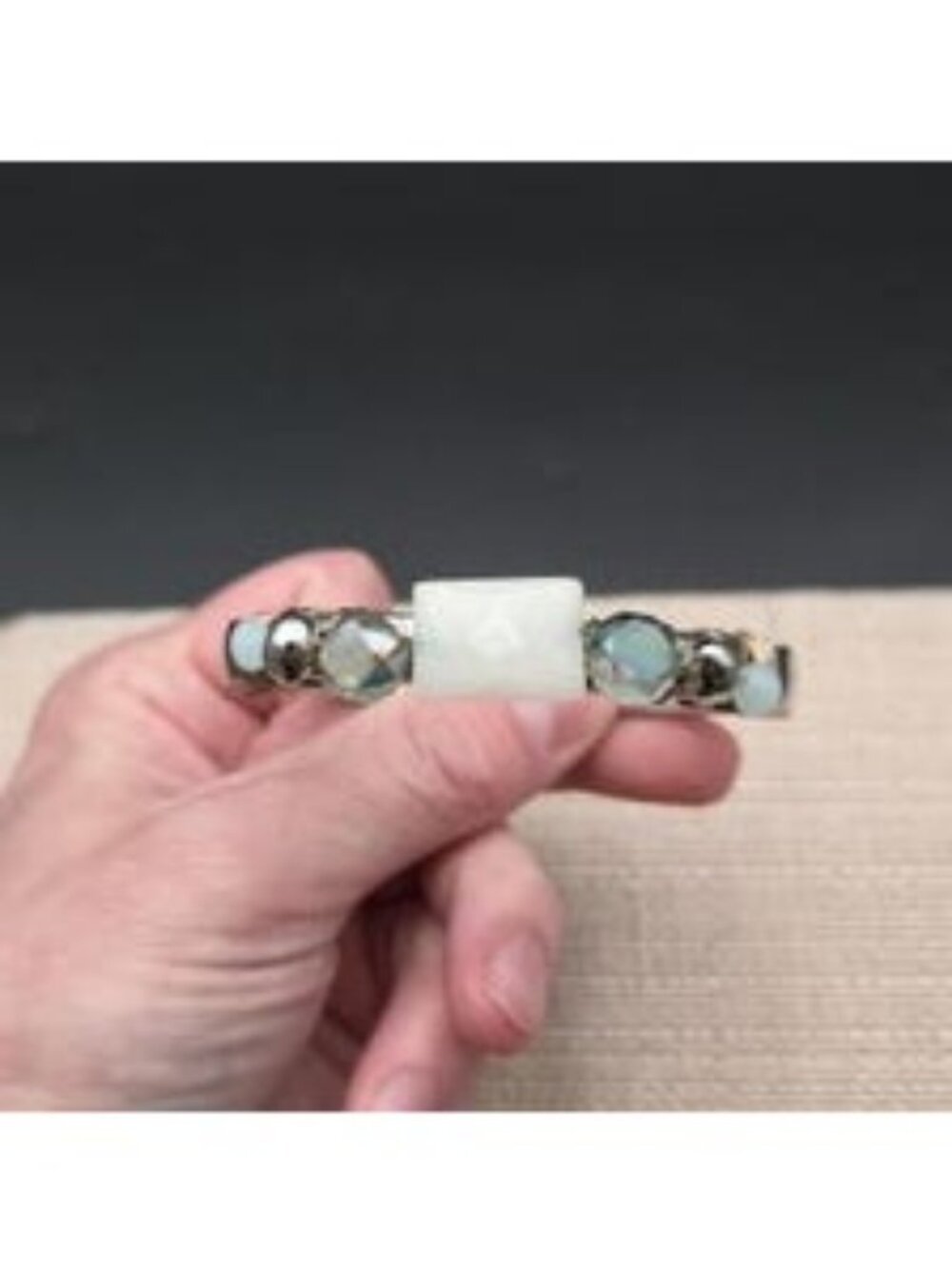 7 Inch White Jade & Iridescent Crystal Beaded Wire Wrapped Cuff Bracelet B1501